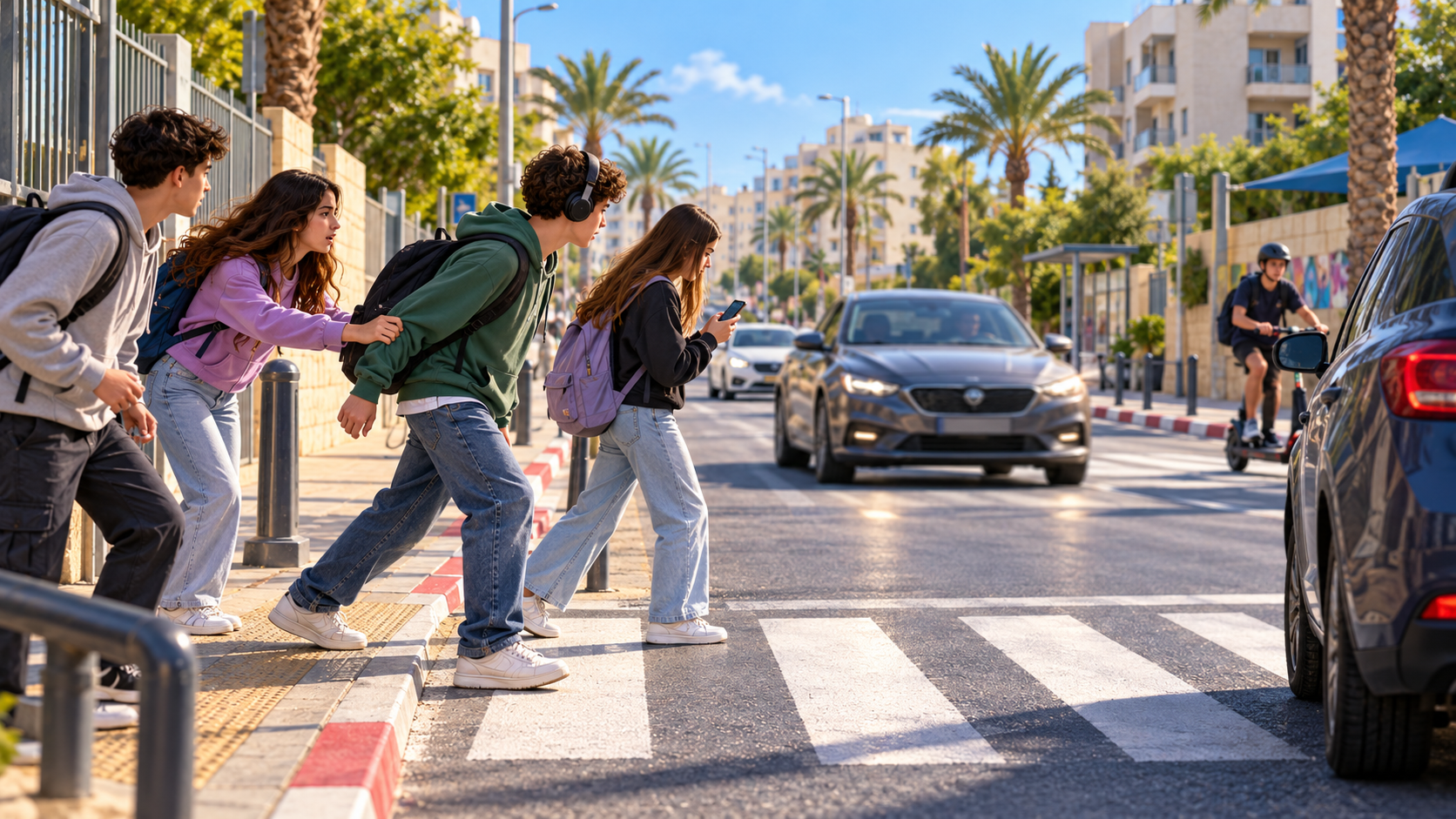 תלמידים עם תיקים עומדים לפני מעבר חצייה ברחוב עירוני ומכונית מתקרבת בכביש